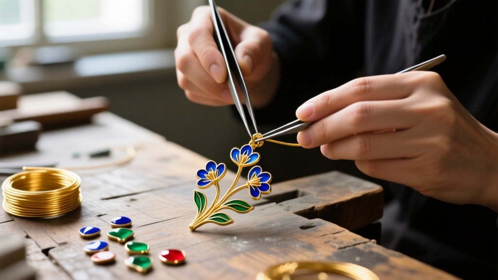 Jeweler using tweezers to bend fine gold wires into floral patterns for a cloisonne enamel pendant on a wooden workbench