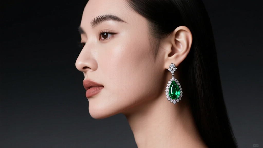 Side profile of a woman with a square jawline wearing platinum emerald teardrop earrings against a moody, dark studio backdrop.