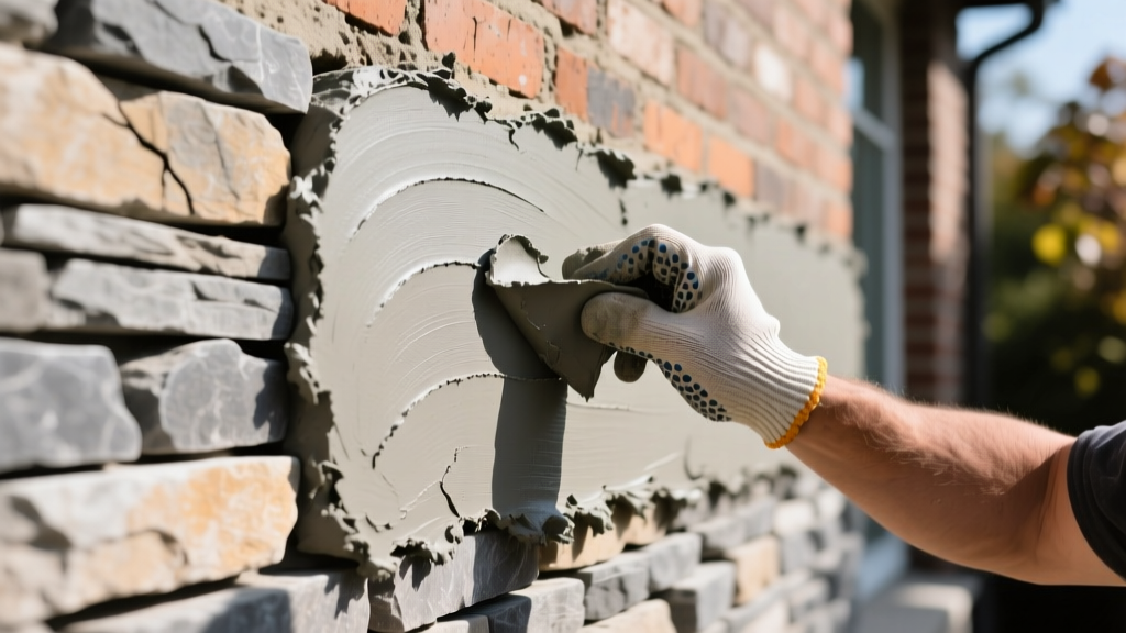 Close-up of a mason applying gray polymer-modified mortar to the back of a rustic stacked stone veneer panel on an exterior wall