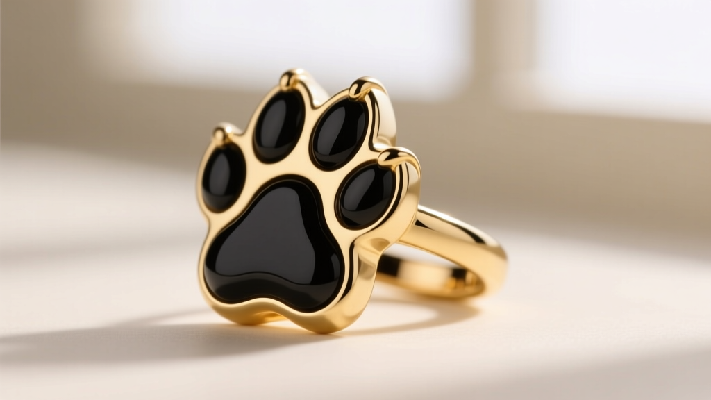 Side profile of a 14k gold bezel-set onyx dog paw earring, highlighting the smooth metal edge securing the black stone.
