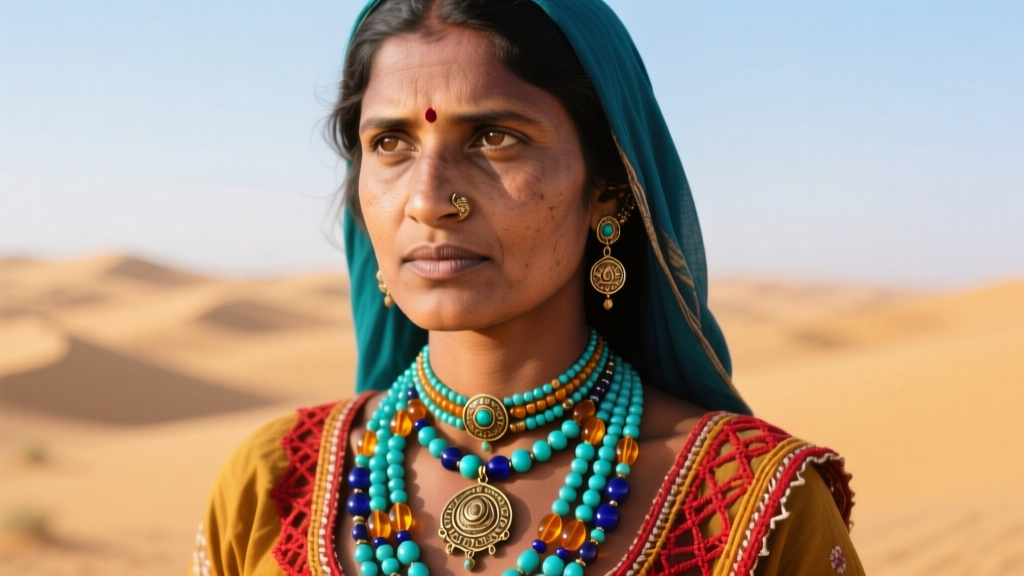 Close-up of a Rabari woman wearing heavy multi-strand glass bead necklaces with brass pendants and intricate threadwork in a desert