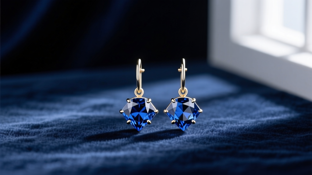 Elegant flat lay of 14k white gold dangle earrings with deep blue sapphires shaped like baseball diamonds on navy velvet.