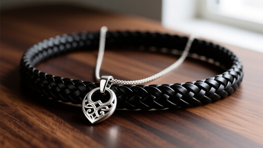 Silver pendant with a large bail sliding onto a thick black braided leather strap necklace resting on a dark wooden surface