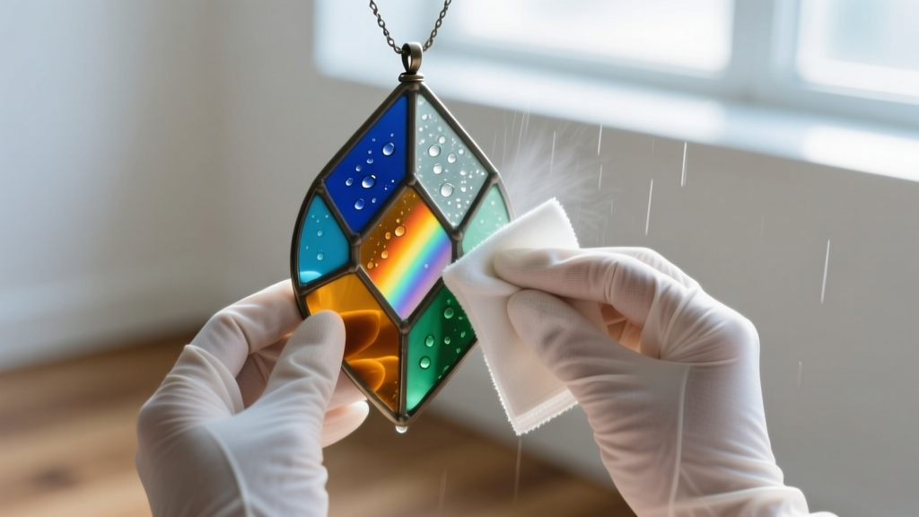 Cotton-gloved hands wiping a geometric stained glass pendant with a damp microfiber cloth and a small distilled water spray.