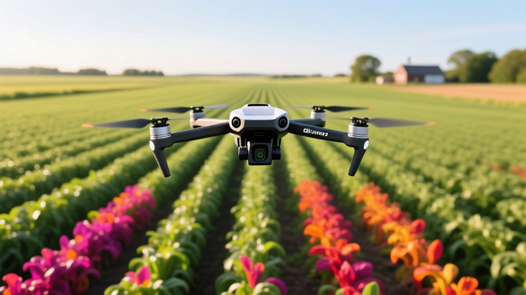 DJI Mavic 3 Multispectral drone hovering over a dense agricultural crop field capturing near-infrared reflectance data on a bright sunny day
