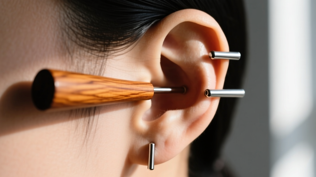 Profile view of asymmetrical ear curation with a stretched 10-gauge wooden plug and two delicate 18-gauge titanium helix studs.