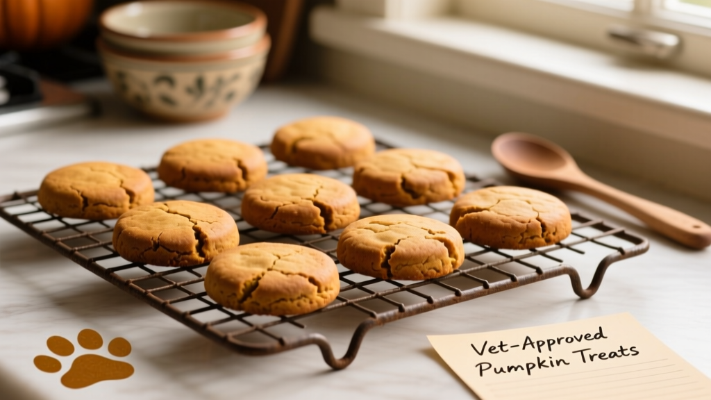 A golden-brown batch of pumpkin dog biscuits cooling on a wire rack