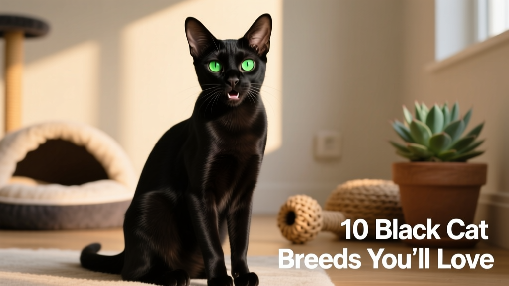 An Oriental Shorthair cat in glossy black fur, sitting upright with alert ears and bright green eyes, mid-chirp