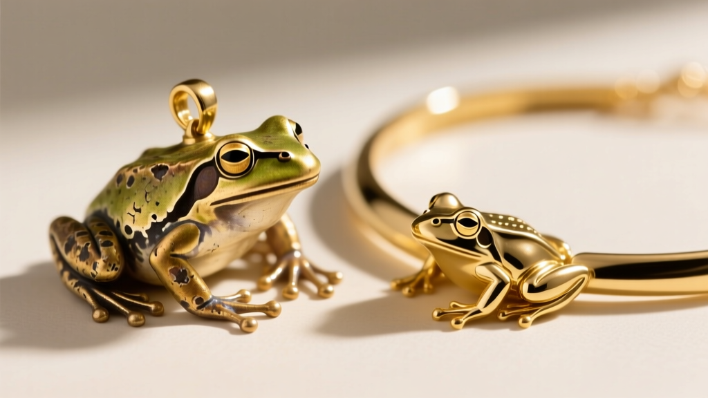 Macro view of a worn gold-plated frog pendant with brass exposure on toes beside a pristine, thick gold vermeil frog necklace