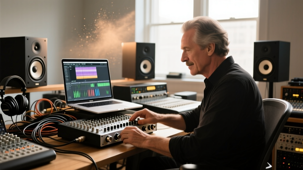 Musician adjusting a Universal Audio Apollo x4 audio interface on a cluttered studio desk with a MacBook Pro and studio monitors in the background
