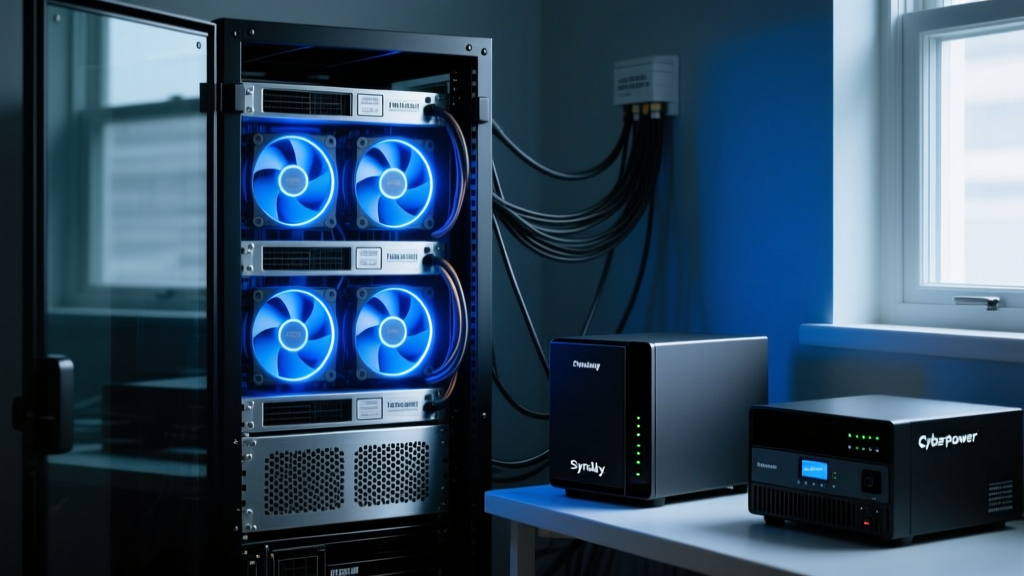 A dimly lit homelab server rack featuring a custom TrueNAS build with glowing blue LED fans next to a compact Synology NAS and a CyberPower UPS system.
