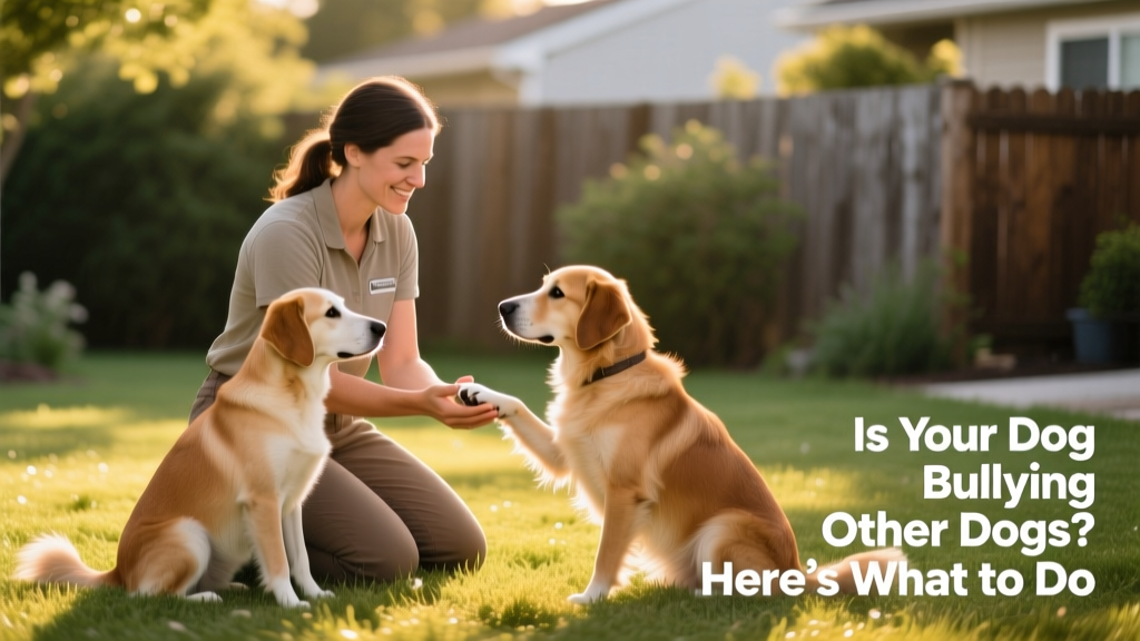 A trainer kneeling beside two dogs, one sitting calmly and the other offering a soft paw—showing cooperative, trusting interaction guided by positive methods