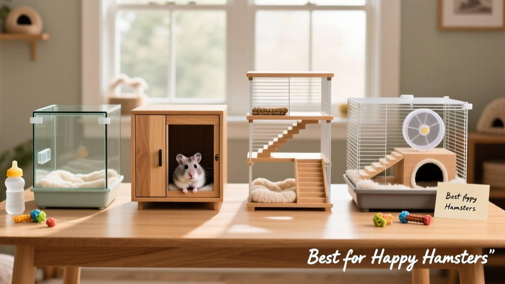 Side-by-side comparison of four different hamster cage styles: glass-base, cabinet-style, multi-tier, and fully equipped habitat