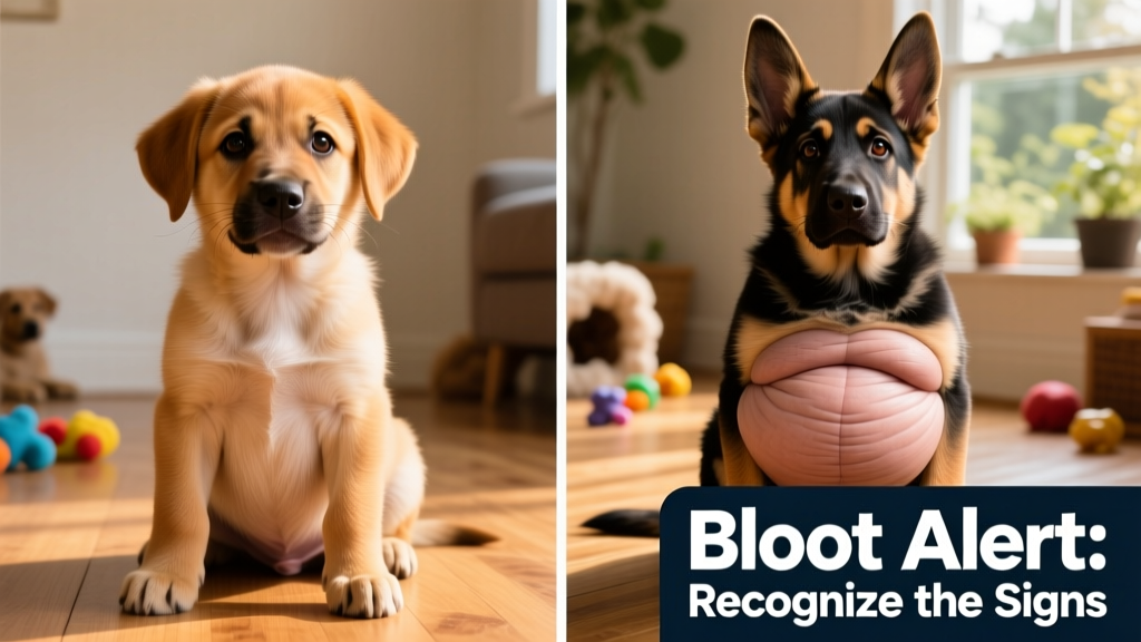 Side-by-side comparison showing a normal puppy abdomen versus a distended, bloated abdomen
