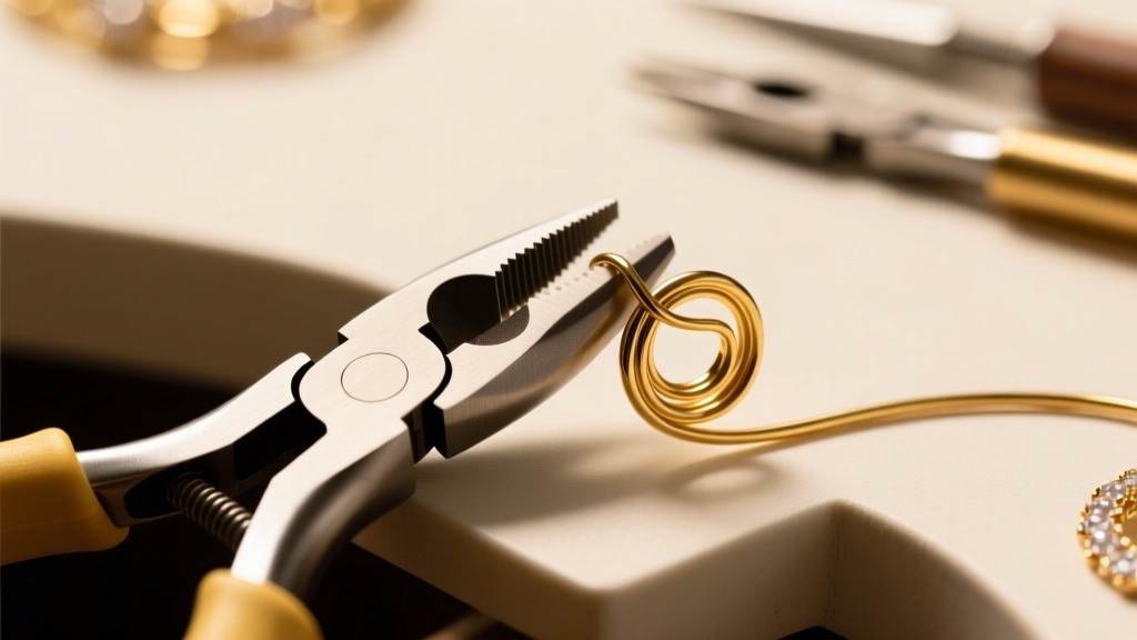 Jewelry bench showing nylon-jaw pliers gently adjusting the tension of a 16-gauge 14k gold spiral earring wire under warm light.