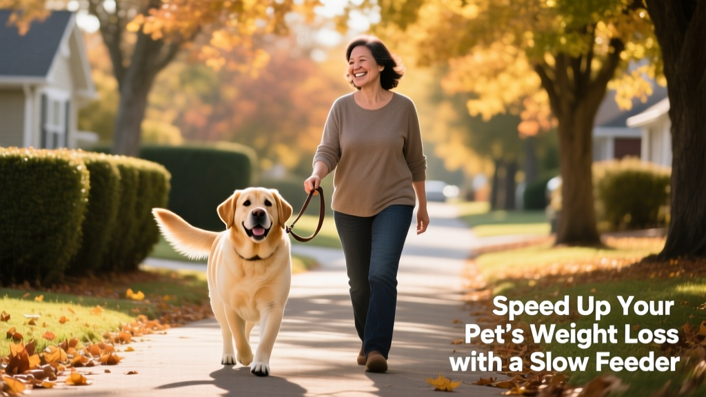 A happy, moderately overweight Labrador walking beside its owner on a leafy neighborhood path
