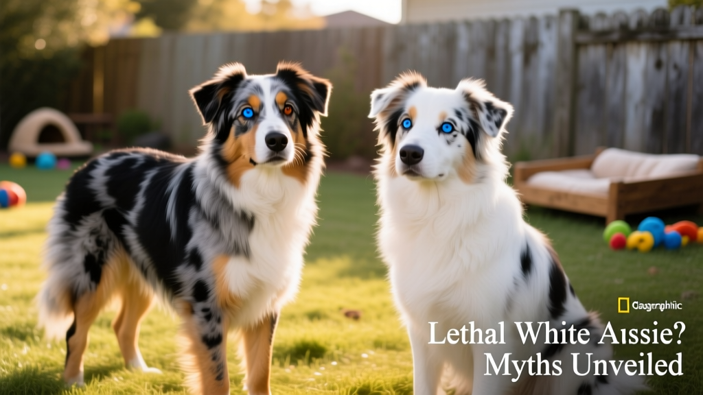 Side-by-side comparison showing a healthy single-merle Australian Shepherd (mottled coat, one blue eye) next to a double-merle Aussie (predominantly white coat, both eyes blue)