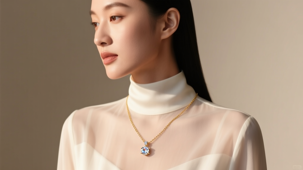 Side profile of a model wearing a delicate 16 inch necklace chain with a bezel-set diamond pendant against a silk blouse.