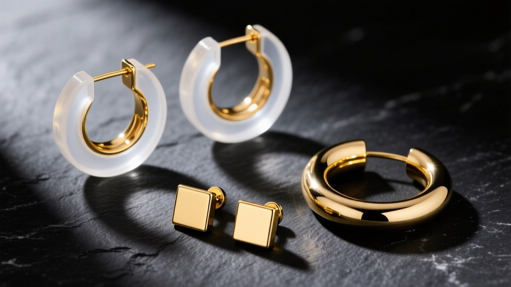 Flat lay of lightweight acetate hoops, solid 14k gold square studs, and hollow tube hoops arranged on a dark slate background.