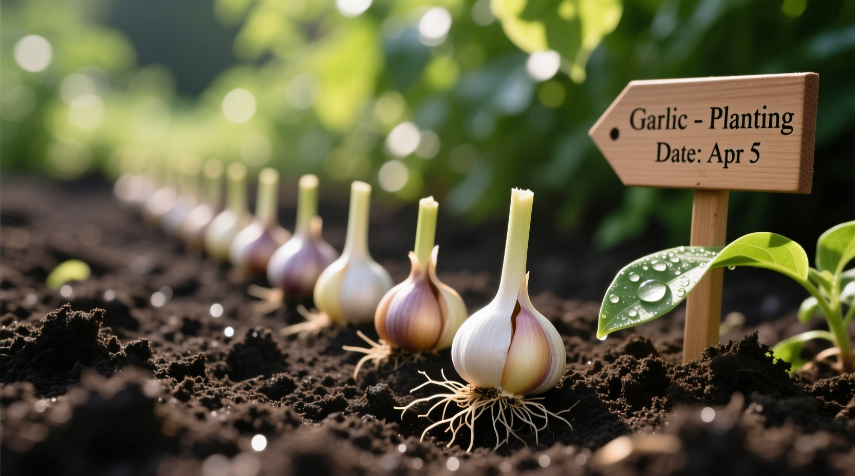 Garlic cloves properly planted in garden soil