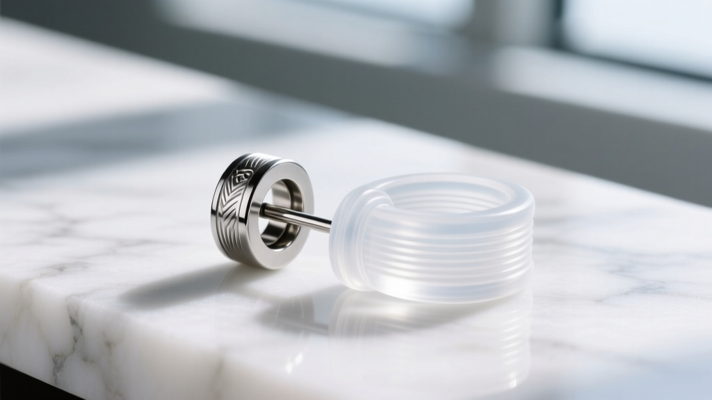 Macro shot of a titanium threadless earring end and a clear silicone friction sleeve on a clean, brightly lit white marble surface