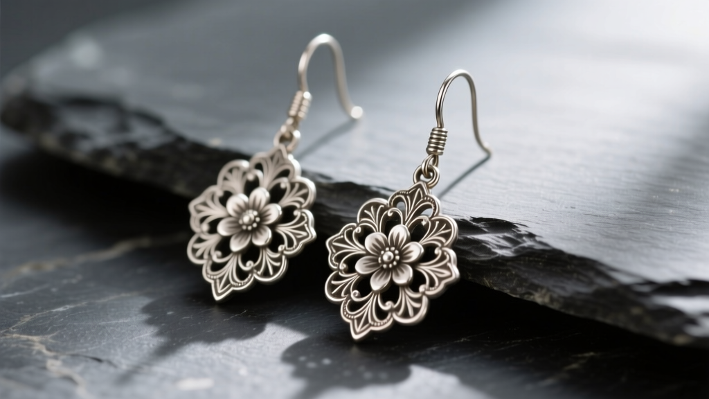Close-up of vintage Mexican alpaca silver drop earrings with intricate floral filigree, resting on a dark slate stone surface.