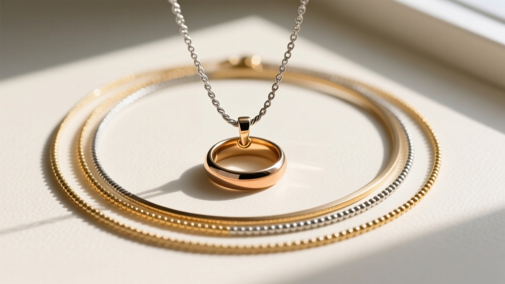 Flat lay of a layered necklace stack featuring a converted tungsten wedding ring pendant on a 2mm oxidized silver rope chain.
