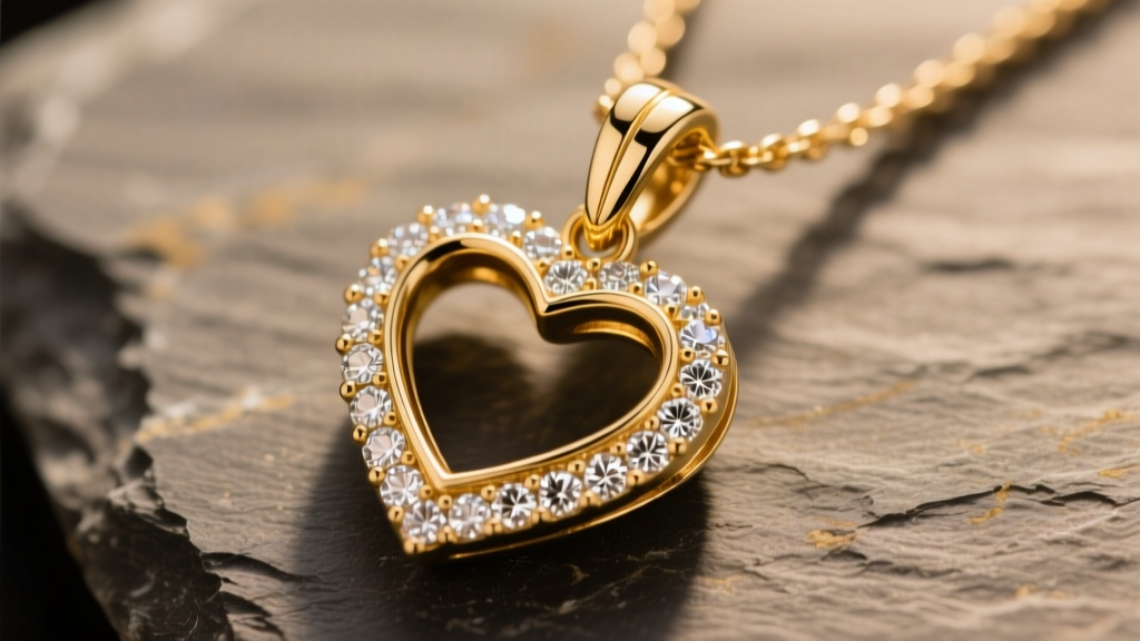 Macro shot of a 14k gold Ari heart necklace pendant on slate, showing the laser-welded bail and diamond bezel setting.