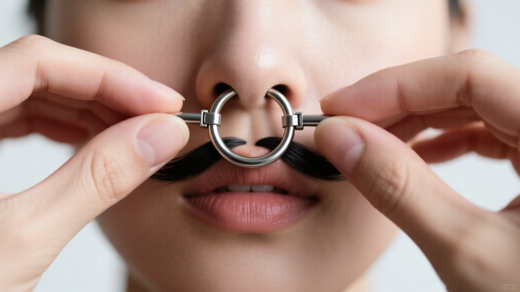 Clean hands flipping a hinged septum mustache ring up into the nose, demonstrating the exact technique used to temporarily hide it