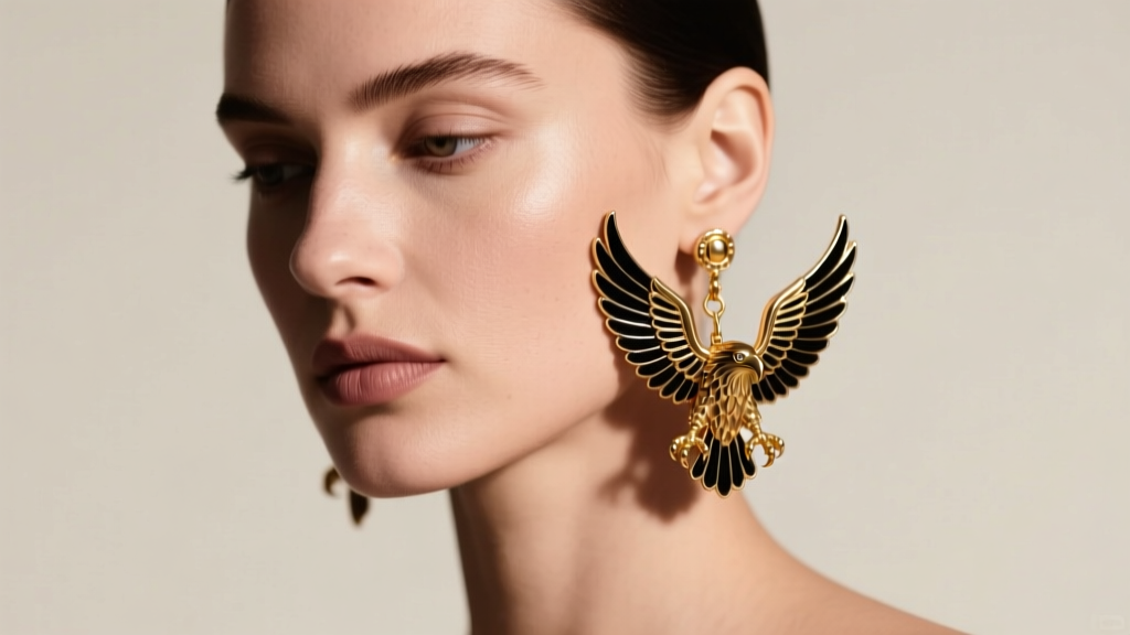 Editorial portrait of woman with square jaw wearing articulated gold vermeil eagle drop earrings with black enamel wings