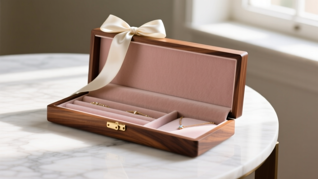 Open walnut jewelry valet lined with blush velvet on a marble table, styled with a silk ribbon and soft warm lighting.
