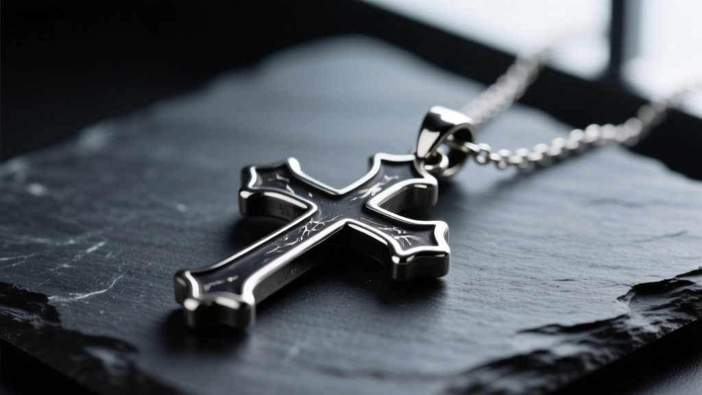 Close-up macro shot of a faded black rhodium plated silver cross pendant necklace showing wear on the bail, resting on dark slate