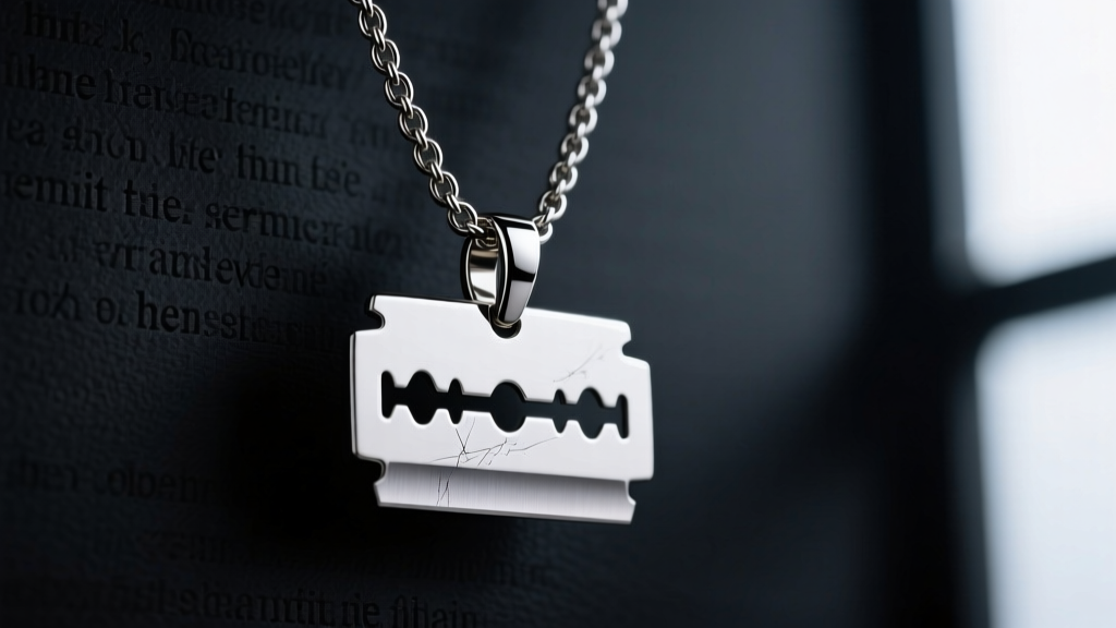 Close-up of a polished 316L stainless steel razor blade pendant on a 4mm Cuban link chain against a dark moody backdrop.