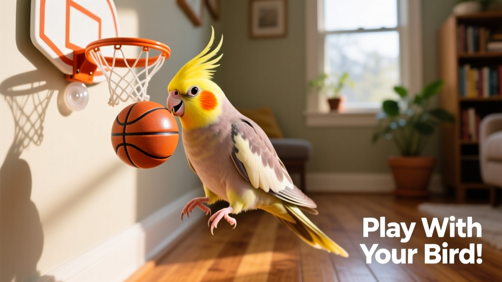 A cockatiel holding a tiny basketball in its beak, poised near a suction-cup hoop mounted on a wall
