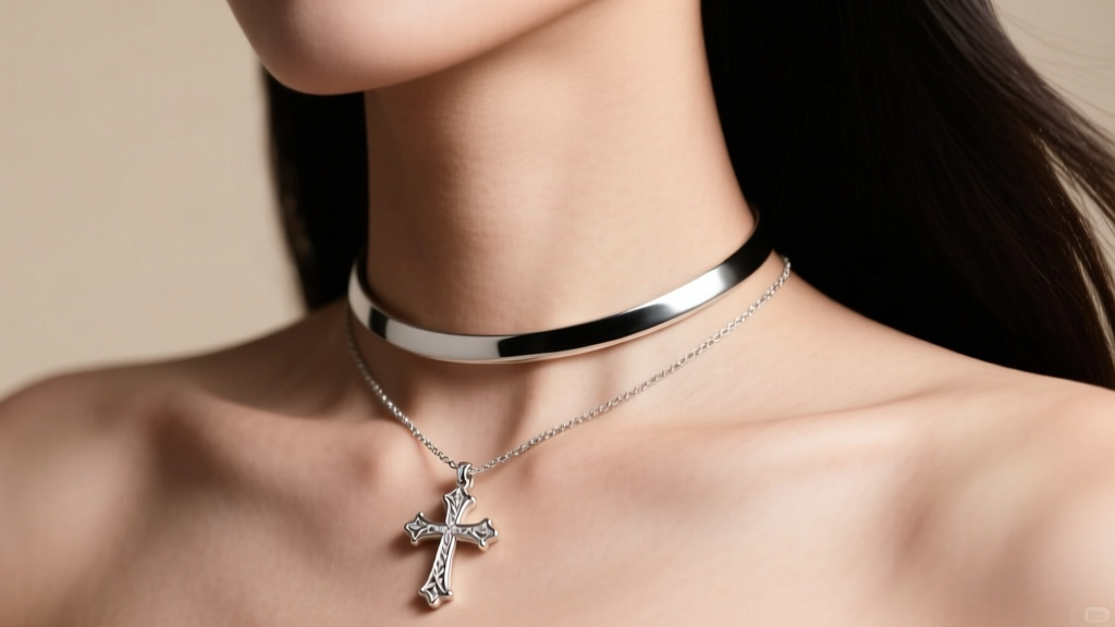 Elegant 14-inch sterling silver choker necklace with a cross pendant resting on a collarbone, lit by soft studio lighting