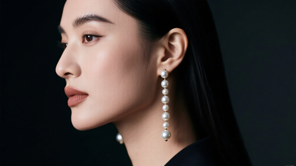 Profile view of a woman with a square jawline wearing long linear freshwater chandelier pearl earrings against a dark backdrop.