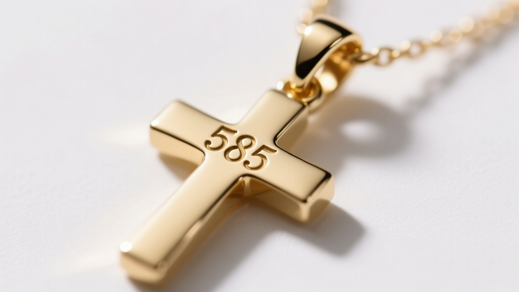Extreme macro shot of a tiny 585 hallmark stamped on the bail of a 14k gold cross necklace, showing sharp metal engraving details