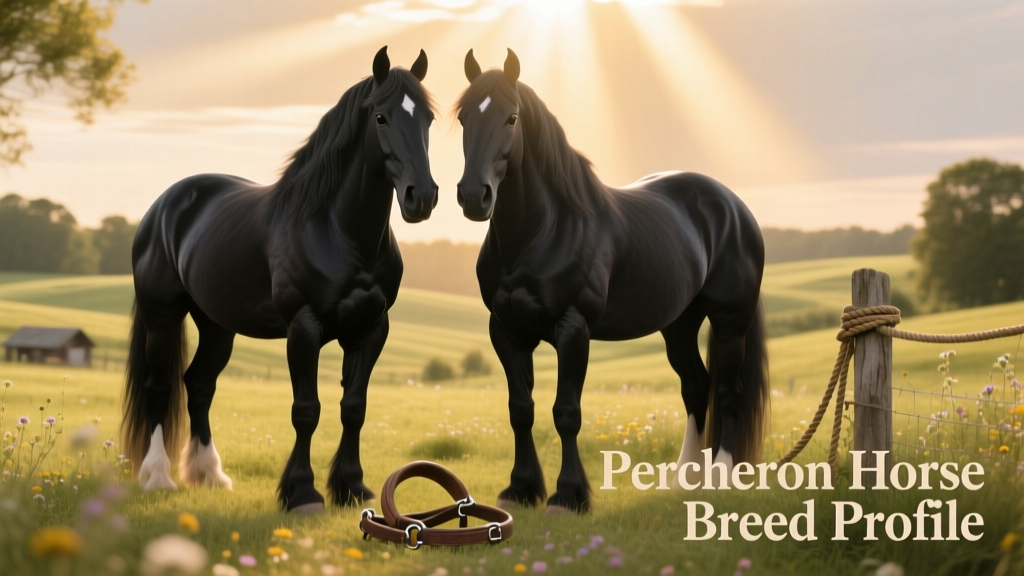 Two Percheron horses standing calmly in a sunlit pasture, showcasing their muscular build and proud posture