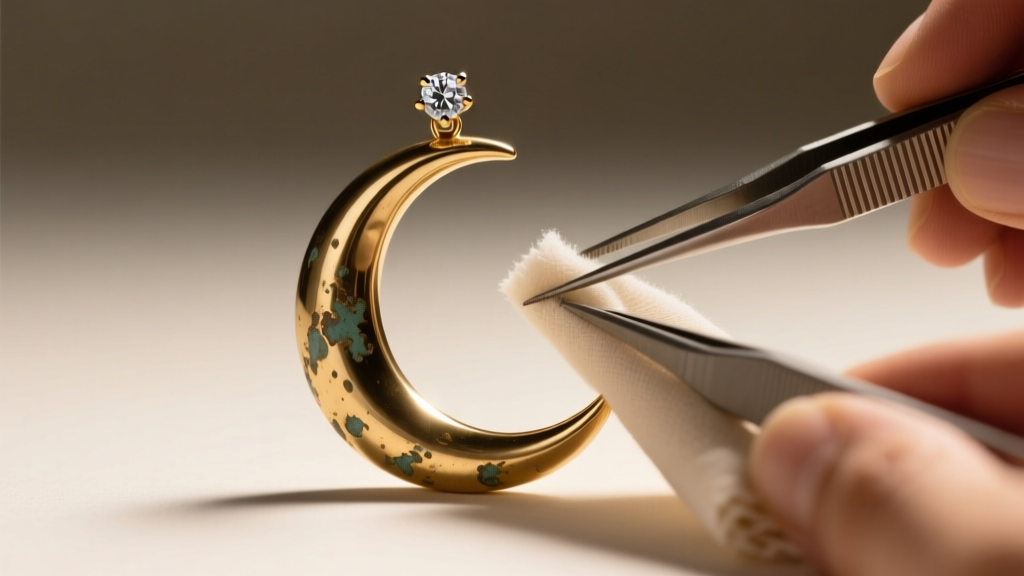 Jeweler using tweezers and a polishing cloth to clean a tarnished brass crescent moon pendant featuring a tiny diamond accent