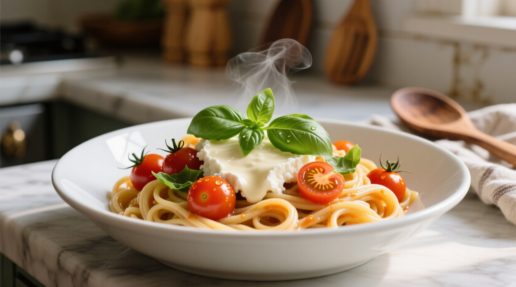 Creamy goat cheese tomato pasta in white bowl with fresh basil