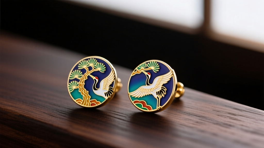 Gold-plated hanafuda earrings featuring traditional January pine and crane enamel motifs on dark wood under soft lighting.