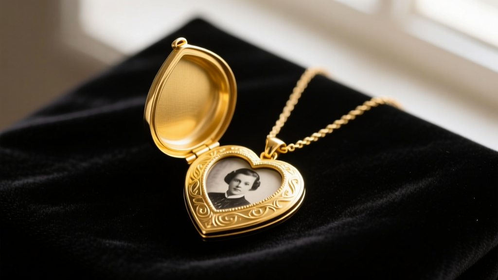 14k solid yellow gold heart locket necklace on dark velvet, open to reveal a tiny vintage black and white portrait inside