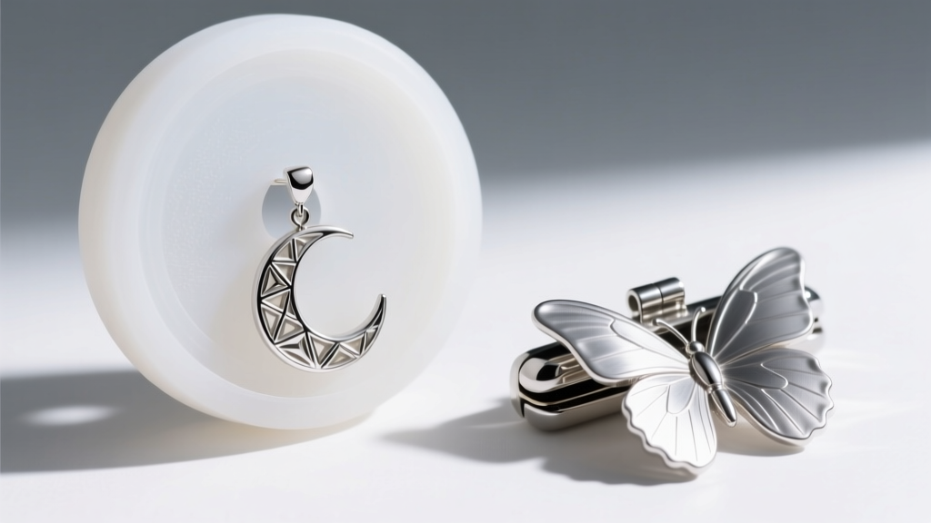 Close-up of a wide silicone disc back supporting a heavy silver moon dangle earring next to a standard metal butterfly clutch