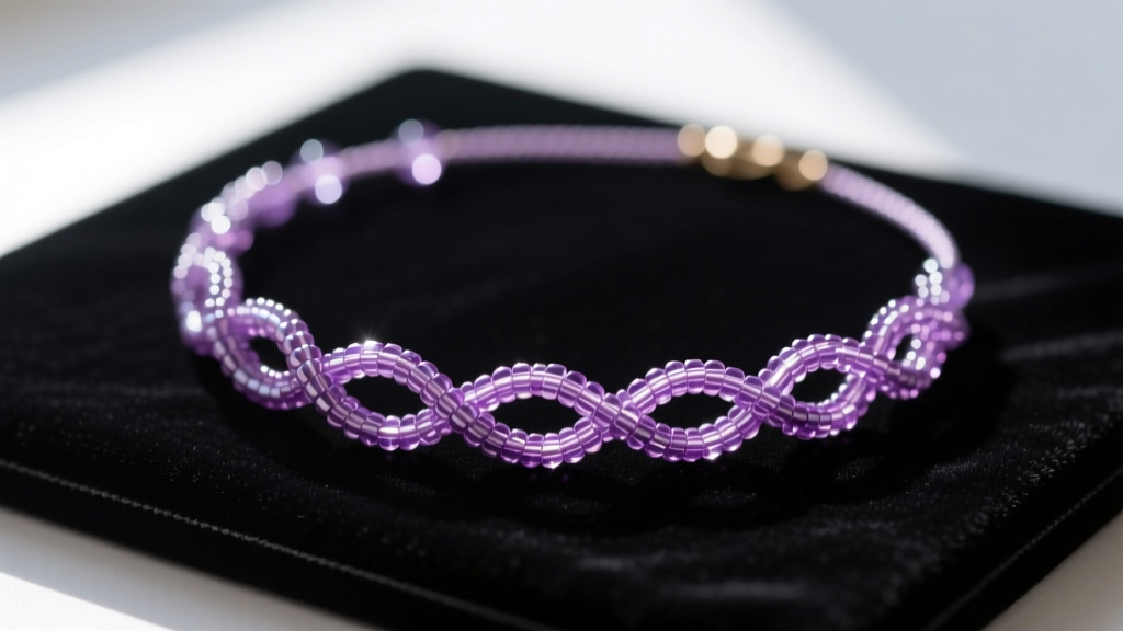 Macro shot of a tubular crochet necklace with beads featuring 8/0 Czech glass seed beads in amethyst on a dark velvet display pad