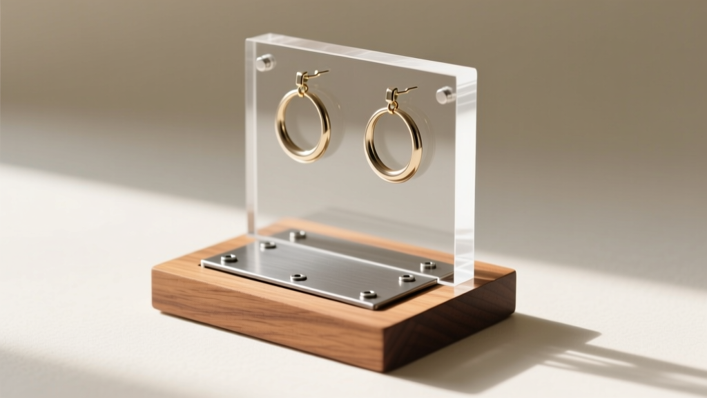 Side view of acrylic and wood earring display base revealing a hidden steel plate compartment used to stabilize heavy hoop earrings