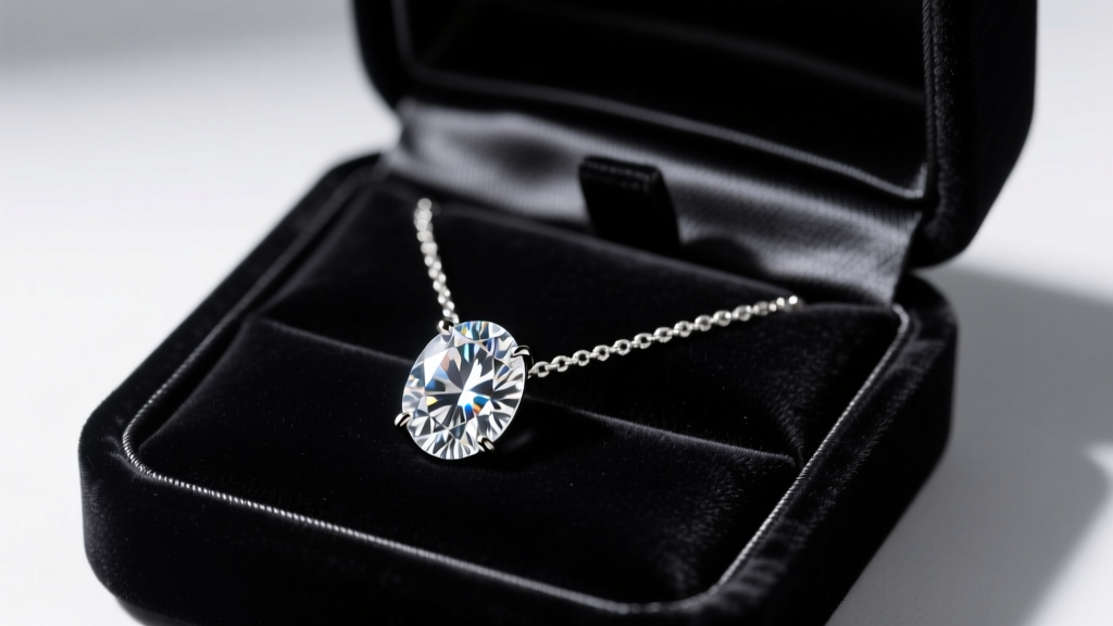 Open velvet box revealing a 15-carat oval lab-grown diamond big stone necklace on black satin under soft spotlight, macro shot