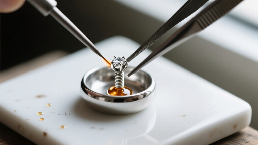 Macro shot of a 20-gauge silver earring post being soldered to a round bezel cup using cross-lock tweezers on a ceramic board.