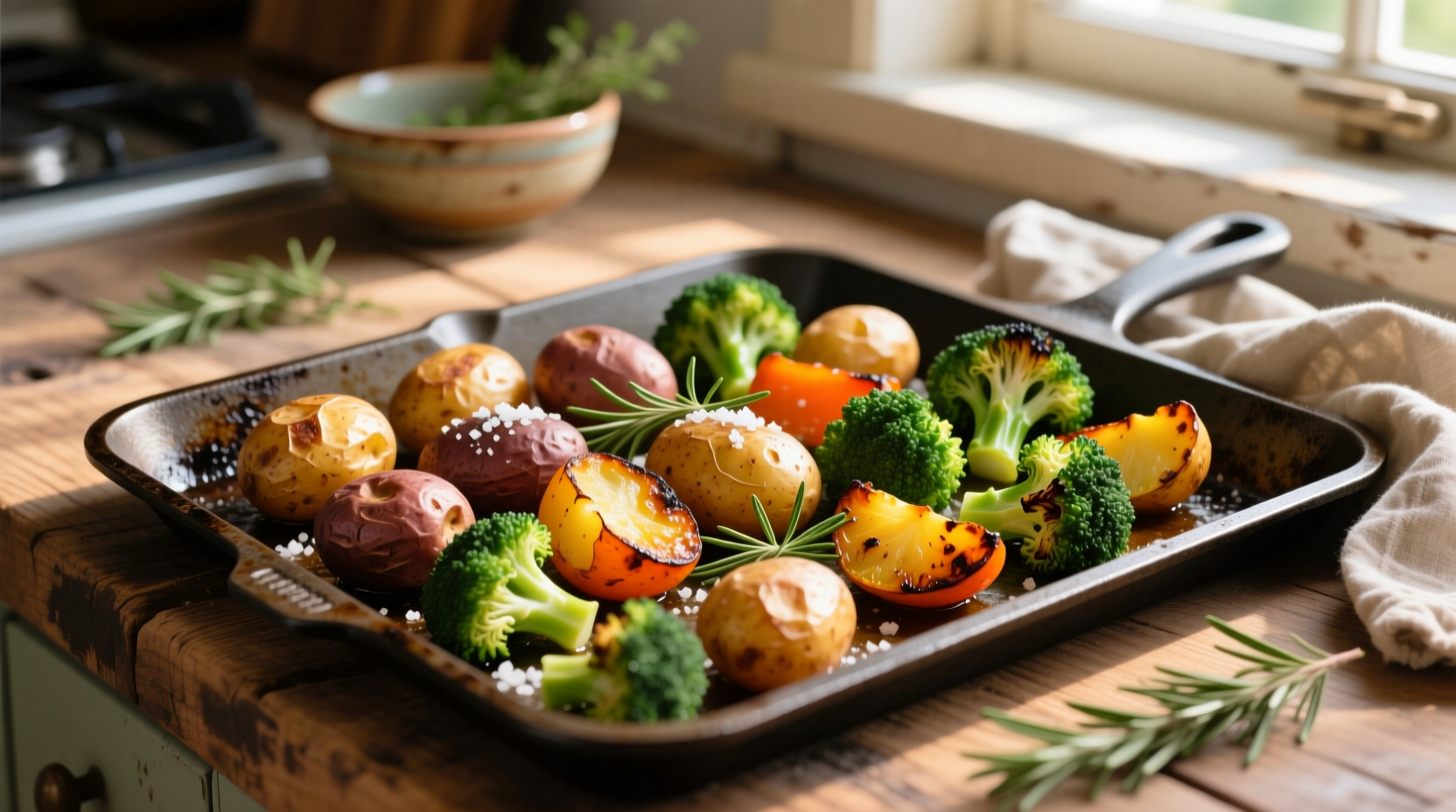 Colorful roasted potatoes and broccoli on baking sheet