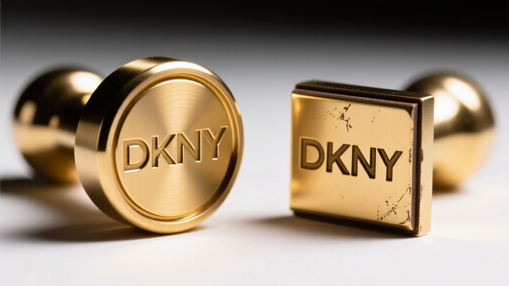 Macro of a genuine DKNY logo stamp on a brass post next to a shallow counterfeit engraving under bright LED studio lighting