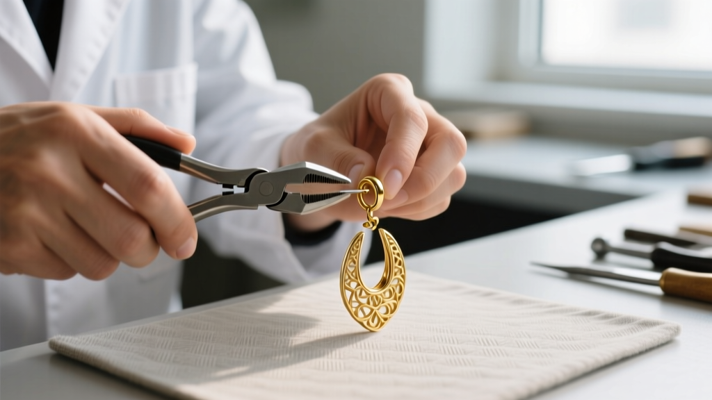 Jeweler using nylon-jaw pliers to gently adjust the tension wire of a gold-filled clip-on earring over a soft bench pad